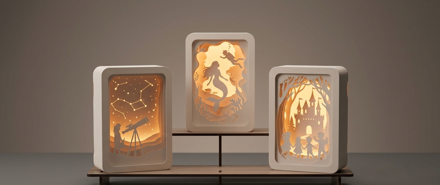 Three handmade paper-cut shadow lamps glowing on a wooden shelf